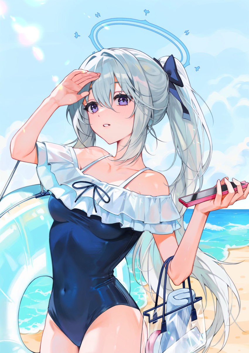 1girl arm_up bag bare_shoulders beach blue_archive blue_bow blue_one-piece_swimsuit blue_ribbon blue_sky blush bow breasts cellphone cloud collarbone commentary covered_nipples cowboy_shot day frilled_one-piece_swimsuit frills hair_between_eyes hair_bow halo handbag highres holding holding_phone innertube korean_commentary long_hair medium_breasts miyako_(blue_archive) miyako_(swimsuit)_(blue_archive) ocean off-shoulder_one-piece_swimsuit off_shoulder official_alternate_costume one-piece_swimsuit outdoors parted_lips phone ponytail purple_eyes pyh_mint ribbon shading_eyes sidelocks sky smartphone smartphone_case solo spaghetti_strap swimsuit very_long_hair white_hair