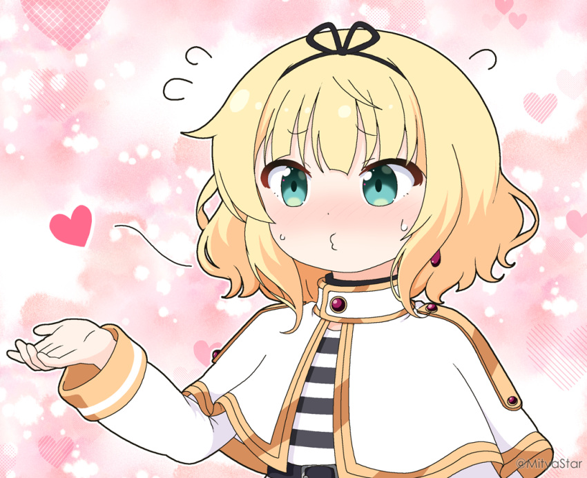 1girl blonde_hair blowing_kiss blush capelet commentary_request cosplay flying_sweatdrops frieren frieren_(cosplay) gochuumon_wa_usagi_desu_ka? green_eyes hand_up heart kirima_syaro long_sleeves mitya nose_blush pink_background puckered_lips shirt solo sousou_no_frieren striped striped_shirt sweat upper_body white_capelet