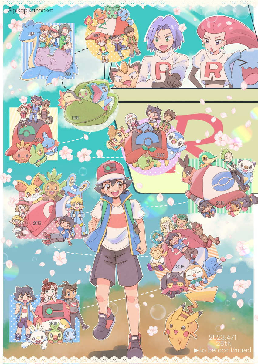 6+boys 6+girls arms_behind_back arms_behind_head artist_name ash_ketchum backpack bag baseball_cap black_hair blonde_hair blue_hair blue_jacket bonnie_(pokemon) brock_(pokemon) brown_hair bulbasaur charmander cherry_blossoms chespin chestnut_mouth chibi chikorita chimchar chloe_(pokemon) cilan_(pokemon) clemont_(pokemon) closed_eyes closed_mouth cyndaquil dated dawn_(pokemon) diagonal_stripes falling_petals fennekin froakie goh_(pokemon) green_bag green_hair grookey hands_on_own_hips hands_up hat head_rest highres ichi_(pikapikapocket) iris_(pokemon) jacket james_(pokemon) jessie_(pokemon) kiawe_(pokemon) lana_(pokemon) lapras lillie_(pokemon) litten lying mallow_(pokemon) max_(pokemon) maxie_(pokemon) may_(pokemon) meowth misty_(pokemon) mudkip multiple_boys multiple_girls on_back on_stomach open_mouth oshawott pants petals pikachu piplup pointing pokemon pokemon_(anime) polka_dot polka_dot_background popplio red_hair red_headwear riding riding_pokemon rowlet scorbunny serena_(pokemon) shirt shoes shorts sitting smile snivy sobble sophocles_(pokemon) squirtle standing standing_on_one_leg starter_pokemon_trio striped tepig togepi torchic totodile tracey_sketchit treecko turtwig twitter_username v-shaped_eyebrows vertical_stripes vest walking white_shirt wobbuffet