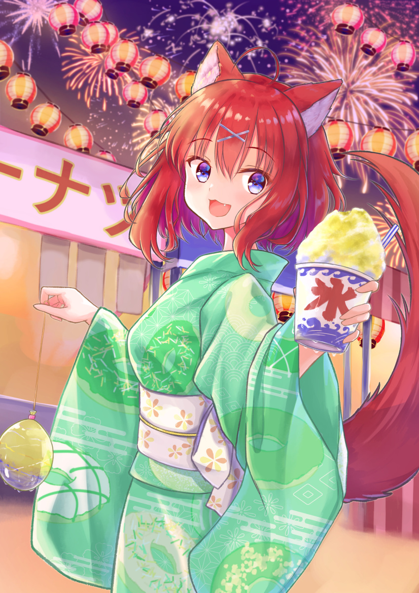 1girl :3 :d absurdres ahoge alternate_costume amairo_islenauts animal_ears blue_eyes blurry blush commentary cowboy_shot cup depth_of_field eyelashes eyes_visible_through_hair fang festival fireworks floral_print food from_side green_kimono hair_between_eyes hair_ornament hands_up happy highres holding holding_cup holding_toy japanese_clothes kimono lantern long_sleeves looking_at_viewer masaki_gaillard medium_hair night open_mouth outdoors paper_lantern reaching reaching_towards_viewer red_hair red_tail rgrey00 sash shaved_ice smile standing tail tail_raised toy water_yoyo white_sash wide_sleeves wolf_ears wolf_girl wolf_tail x_hair_ornament yukata