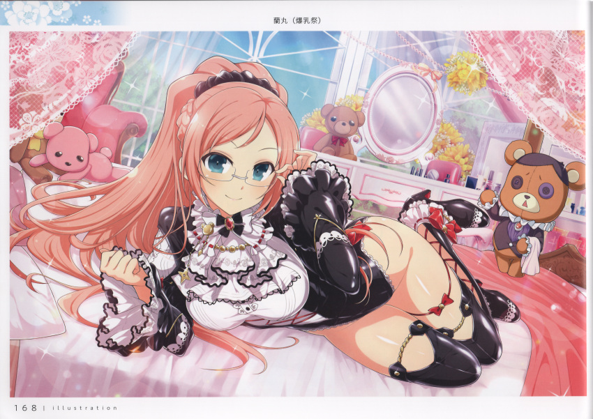 1girl absurdres bed blue_eyes breasts detached_sleeves frills full_body glasses highres indoors leotard long_hair looking_at_viewer lying medium_breasts official_art page_number pink_hair scan senran_kagura senran_kagura_new_link shiny_skin simple_background smile solo stuffed_toy thighs yaegashi_nan