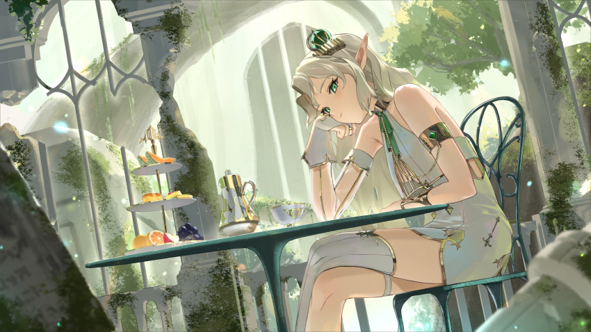 1girl absurdres arm_cuffs asymmetrical_legwear bare_shoulders blonde_hair breasts cantaloupe chair crossed_legs cup dress elf ellise_aepro food fruit gloves gold_collar gold_trim green_eyes green_ribbon hair_ornament head_on_hand highres indie_virtual_youtuber long_hair looking_at_viewer melon melon_slice moss parted_bangs pastry pillar pointy_ears rasa_k ribbon ruins shirt sidelocks single_glove single_thighhigh sitting small_breasts table teacup teapot thigh_strap thighhighs wavy_hair white_dress white_gloves white_shirt