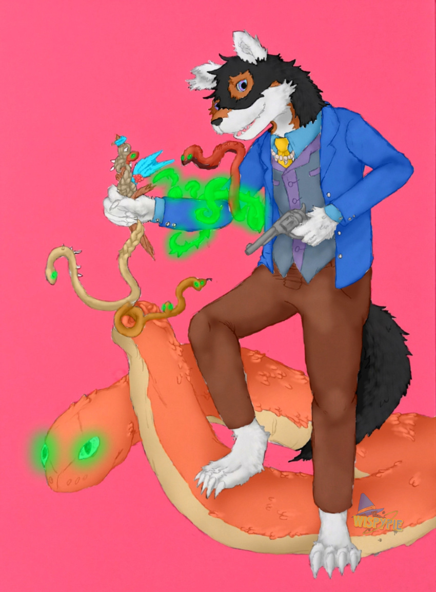 absurd_res anthro black_body black_fur bottomwear brown_body brown_fur canid canine clothed clothing coat conjuration feathers feral fur glowing gun hi_res jewelry magic magic_user male mammal multicolored_body multicolored_eyes multicolored_fur necklace necktie notched_ear on_one_leg pants ranged_weapon reptile rope scales scalie smile snake solo standing stick suit summoning tail topwear two_tone_eyes vest weapon were werecanid werecanine werewolf white_body white_fur wispypie