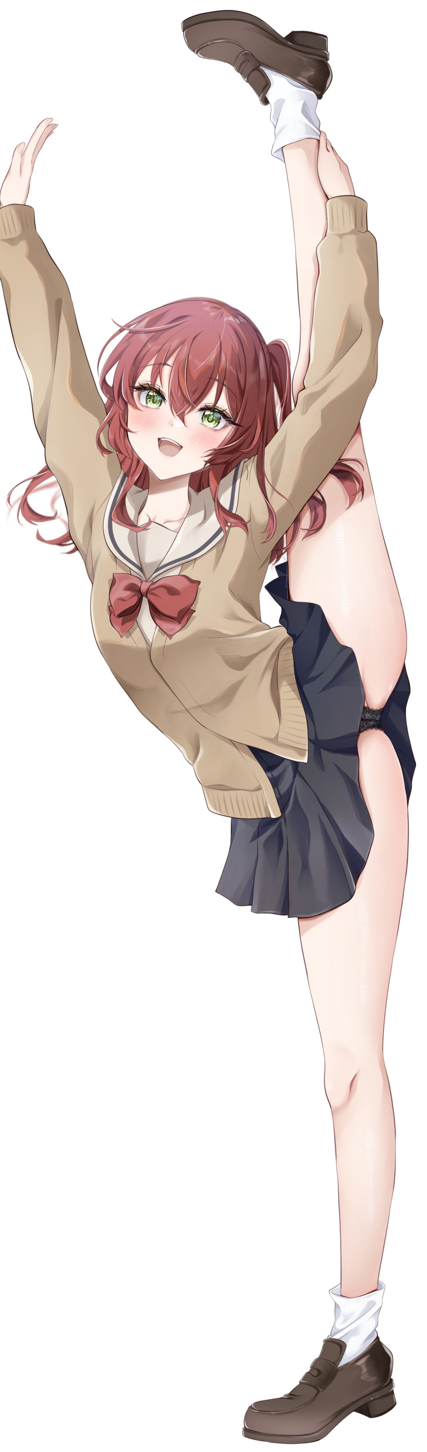 1girl :d absurdres arm_up black_panties bocchi_the_rock! bow bowtie brown_footwear commentary_request full_body green_eyes hair_between_eyes highres kita_ikuyo leg_up loafers long_sleeves looking_at_viewer medium_hair open_mouth panties red_bow red_bowtie red_hair school_uniform shoes shuka_high_school_uniform simple_background smile solo split standing standing_on_one_leg standing_split underwear white_background yoru0409