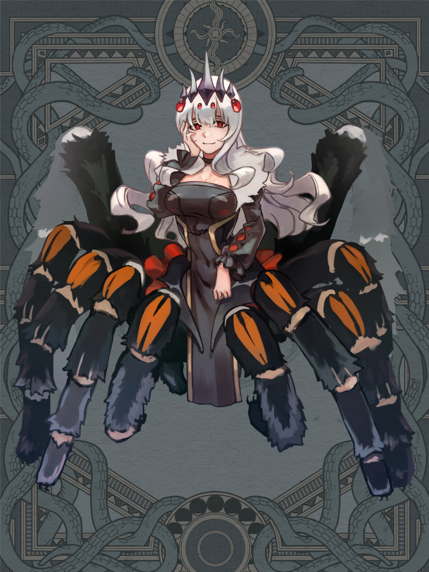 1girl arachne arthropod_girl black_choker black_dress breasts choker cleavage dairoku_ryouhei dress extra_eyes full_body genzo404 grey_background hand_up highres large_breasts long_hair long_sleeves monster_girl red_eyes solo spider_girl standing taur very_long_hair white_hair