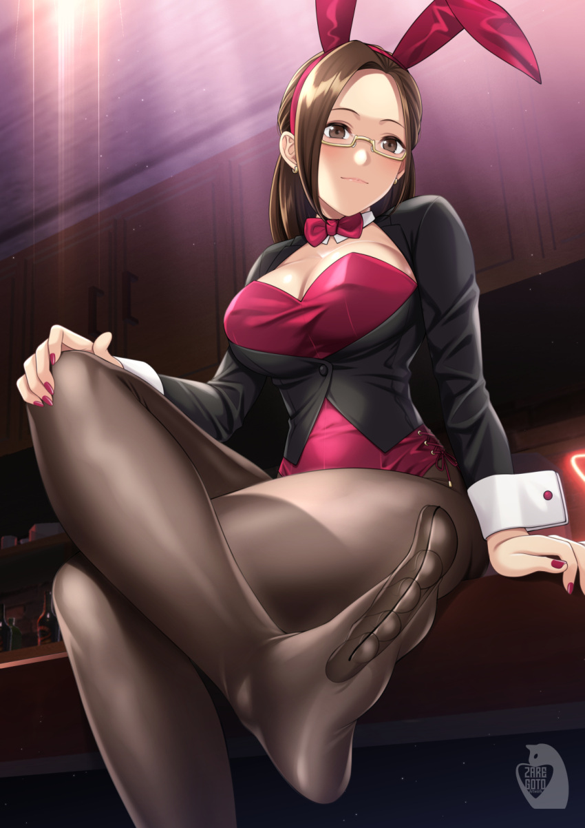 1girl animal_ears black_jacket blush breasts brown_eyes brown_hair brown_pantyhose cleavage fake_animal_ears forehead highres jacket large_breasts leotard long_hair long_sleeves looking_at_viewer miru_tights okuzumi_yuiko pantyhose parted_bangs playboy_bunny rabbit_ears red_leotard sitting smile solo thighband_pantyhose thighs wrist_cuffs zaregoto_tsukai_no_deshi