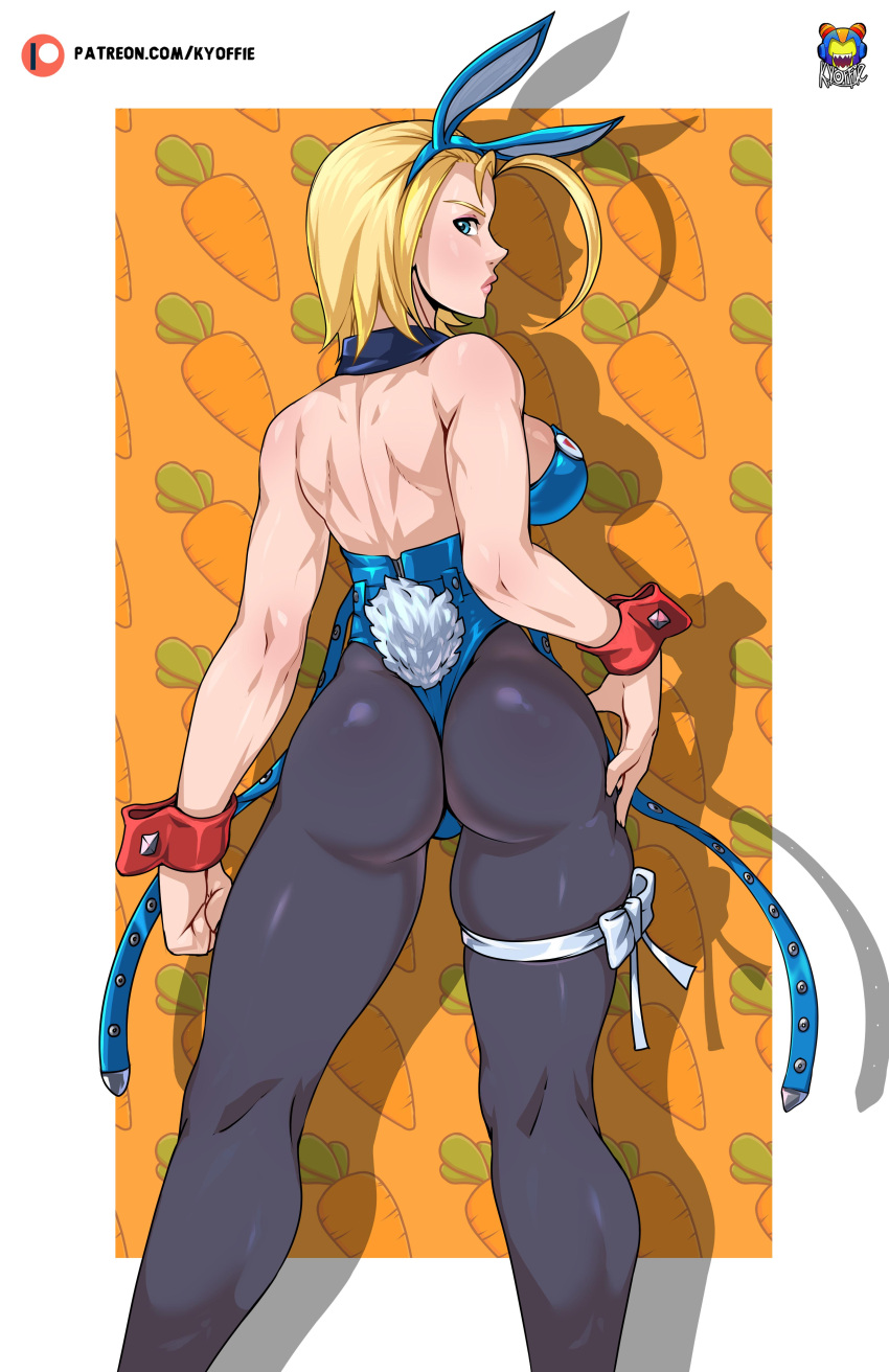 1girl absurdres adapted_costume ahoge animal_ears ass black_pantyhose blonde_hair blue_eyes blue_hairband blue_leotard breasts cammy_white clenched_hand detached_collar fake_animal_ears from_behind hairband hand_on_own_hip highres huge_ahoge kneepits kyoffie large_breasts leg_ribbon leotard lips looking_back nontraditional_playboy_bunny pantyhose ribbon short_hair shoulder_blades sideboob solo standing street_fighter street_fighter_6 thick_thighs thigh_ribbon thighs thong_leotard wrist_cuffs