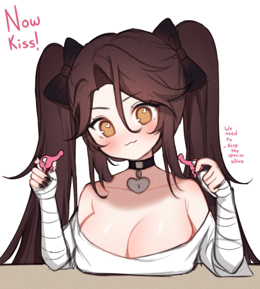 1girl :3 absurdres bandaged_arm bandages bare_shoulders black_choker blush bow breast_rest breasts brown_eyes brown_hair choker cleavage closed_mouth collarbone english_text hair_between_eyes hair_bow head_tilt heart heart-shaped_pupils heart_choker highres long_hair off-shoulder_shirt off_shoulder original shirt simple_background sky_above_me smile solo swept_bangs symbol-shaped_pupils twintails upper_body very_long_hair white_background white_shirt