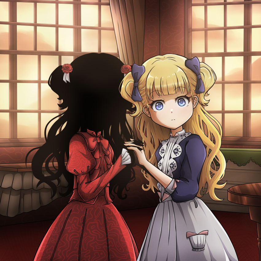 2girls absurdres black_hair blonde_hair blue_bow blue_eyes bow closed_mouth dress emilico_(shadows_house) flower hair_bow hair_flower hair_ornament highres holding_hands kamen_art123 kate_(shadows_house) living_doll_uniform looking_at_viewer multiple_girls red_dress red_flower shadow_(shadows_house) shadows_house standing table twintails window