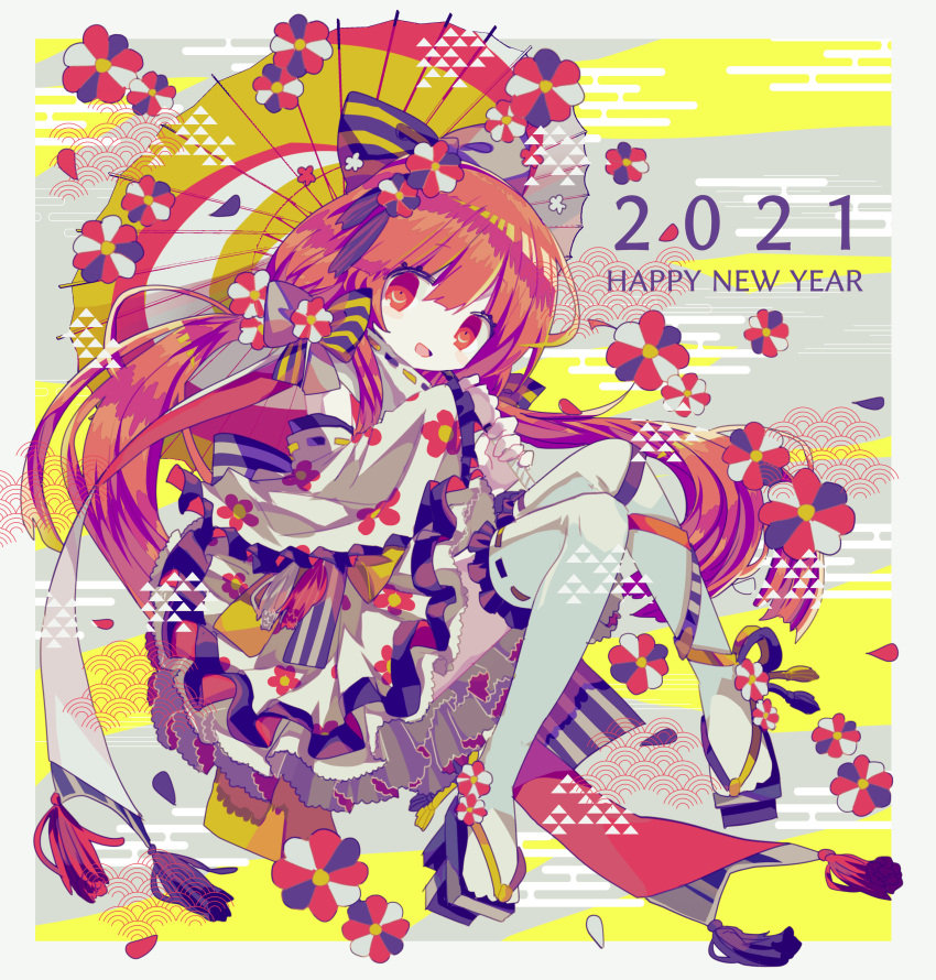 1girl 2021 absurdres blush_stickers bow brown_eyes brown_hair detached_sleeves english_text floral_print frilled_kimono frilled_sleeves frilled_thighhighs frills hair_bow hair_ribbon happy_new_year highres invisible_chair japanese_clothes kimono long_hair long_sleeves new_year no_nose open_mouth original pale_skin ribbon ribbon-trimmed_sleeves ribbon-trimmed_thighhighs ribbon_trim sandals short_kimono sitting smile solo thighhighs twintails usagi_nui white_kimono white_sleeves white_thighhighs