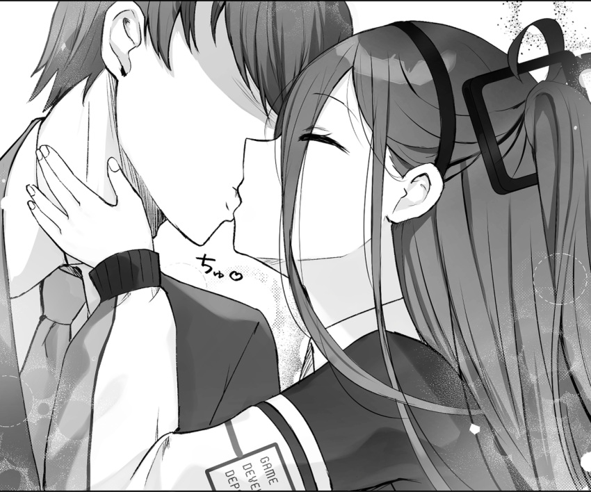 1boy 1girl aris_(blue_archive) blue_archive closed_eyes collared_shirt commentary_request eyes_visible_through_hair faceless faceless_male greyscale hair_between_eyes hairband hetero highres kiss long_hair long_sleeves monochrome necktie one_side_up puffy_long_sleeves puffy_sleeves saeki_sora sensei_(blue_archive) shirt suit upper_body white_background