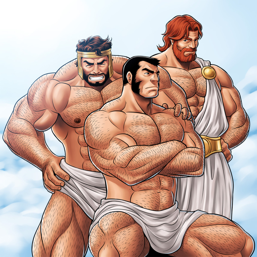 3boys abs ancient_greek_clothes arm_hair back_hair bara bulge character_request chest_hair crossed_arms greco-roman_clothes hairy hand_hair hand_on_another's_shoulder highres knuckle_hair large_pectorals leg_hair male_focus marvel mature_male multiple_boys muscular muscular_male mutton_chops navel navel_hair nipples pectorals short_hair sideburns stomach strongman_waist thick_eyebrows thick_thighs thighs topless_male zelo-lee