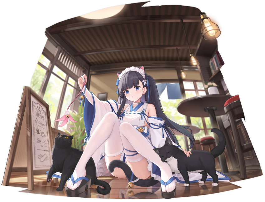 1girl :o allenes animal animal_ear_fluff animal_ears apron arm_up ass azur_lane bare_shoulders bell between_legs black_border black_cat black_footwear black_hair blue_eyes blue_ribbon blue_skirt blunt_bangs blush book bookshelf border bow breasts cat cat_ears cat_girl cat_tail ceiling_light chair convenient_censoring convenient_leg day detached_sleeves extra_ears feet frilled_skirt frills hair_ornament hair_ribbon hatsuharu_(azur_lane) highres holding indoors japanese_clothes jingle_bell kimono knees_together_feet_apart knees_up lamp long_hair long_sleeves looking_at_viewer maid maid_headdress nontraditional_miko official_alternate_costume official_art open_mouth parted_lips petting plant platform_footwear pleated_skirt potted_plant ribbon ribbon-trimmed_sleeves ribbon_trim shelf sitting skirt solo table tail tail_bell tail_censor tail_ornament thighhighs thighs two_side_up very_long_hair wa_maid white_sleeves white_thighhighs wide_sleeves window wooden_floor zouri