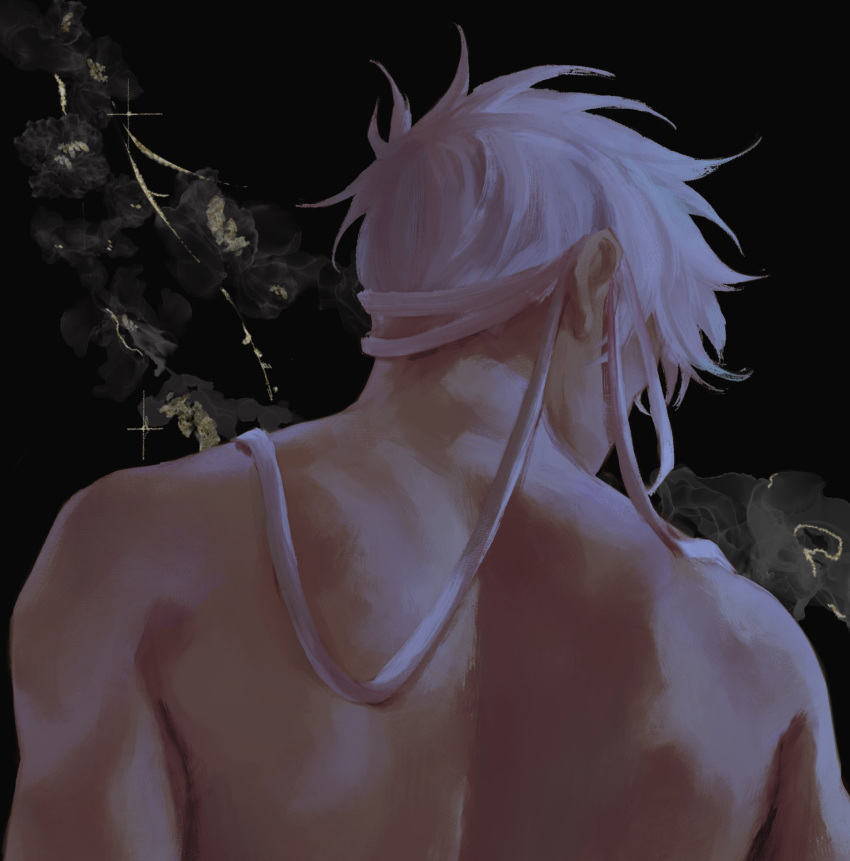 1boy 3aem black_background facing_back gojou_satoru highres jujutsu_kaisen male_focus messy_hair ribbon short_hair solo topless_male upper_body white_hair white_ribbon