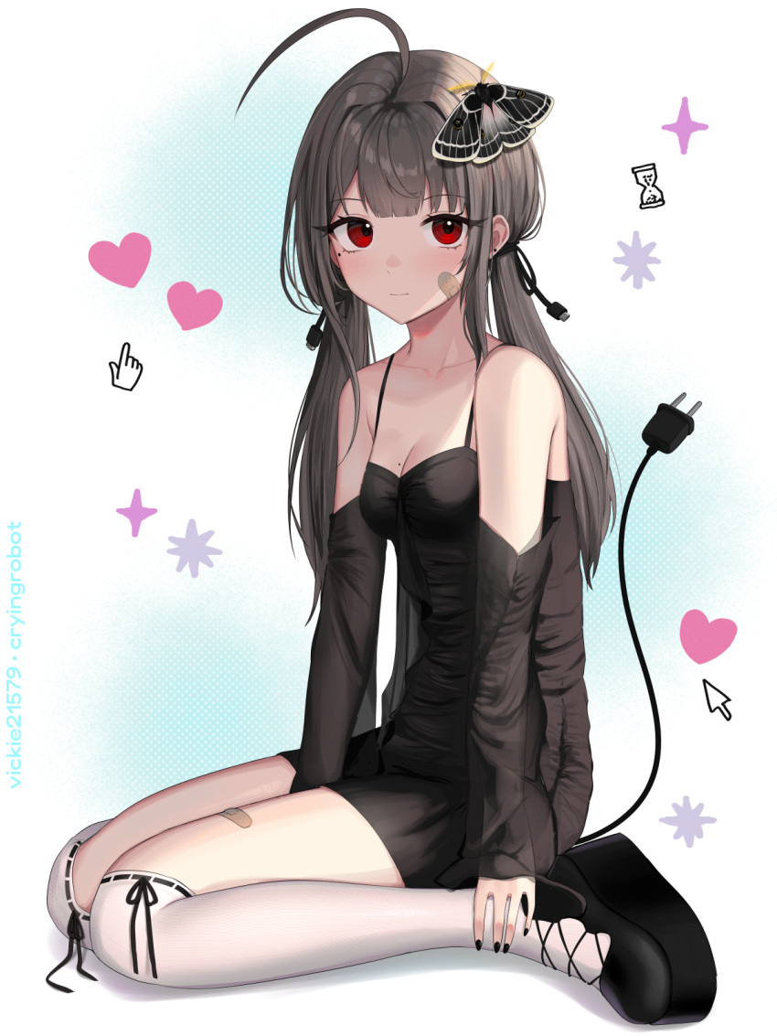 1girl ahoge artist_name bandaid_on_thigh bare_shoulders black_dress black_footwear black_nails blunt_bangs breasts brown_hair butterfly_hair_ornament cable collarbone cursor detached_sleeves dress expressionless fingernails hair_ornament heart highres long_hair looking_past_viewer mole mole_on_breast mole_under_eye original platform_footwear plug red_eyes ringed_eyes sitting small_breasts socks spaghetti_strap thighs twintails vickie_(cryingrobot) vickie_(cryingrobot)_(character) wariza white_socks