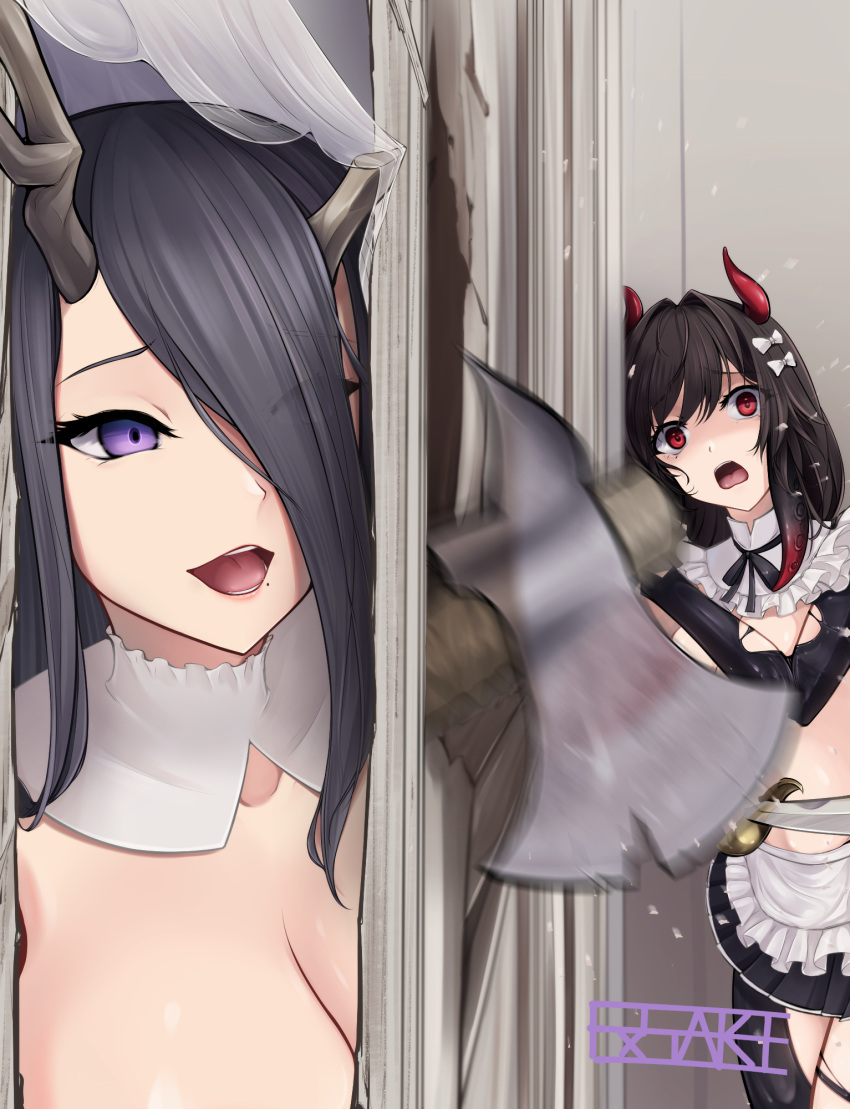 2girls antlers apron asymmetrical_horns axe azur_lane black_hair breasts cleavage ex_saki golden_hind_(azur_lane) golden_hind_(forlorn_femme_fatale)_(azur_lane) hair_over_one_eye hair_ribbon halloween_costume highres holding holding_sword holding_weapon horns large_breasts maid_apron mole mole_under_mouth multiple_girls official_alternate_costume open_mouth parody purple_eyes red_eyes reindeer_antlers ribbon royal_fortune_(azur_lane) royal_fortune_(treats_from_the_deep)_(azur_lane) saber_(weapon) scared scene_reference shaded_face signature smile suction_cups sword tentacle_hair tentacles the_shining veil weapon white_ribbon