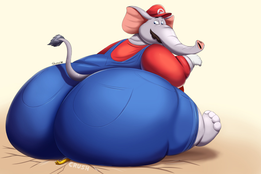 2023 anthro big_butt butt clothing crushing_sound_effect elephant elephant_mario elephant_toes elephantid facial_hair hi_res huge_butt looking_back male mammal mario mario_bros mustache nintendo overalls overweight overweight_male proboscidean proboscis_(anatomy) shenzel sitting_on_another super_mario_bros_wonder tail thick_thighs trunk_(anatomy)