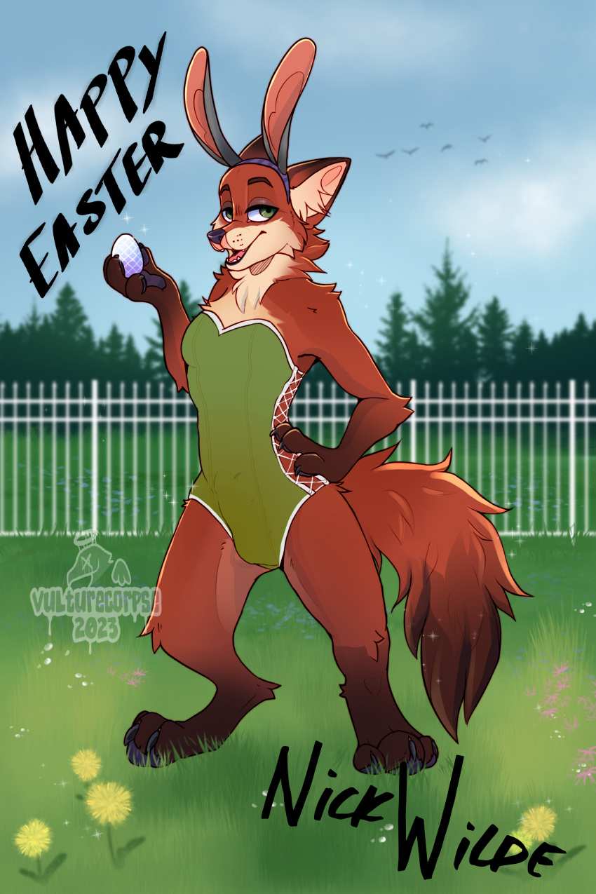 absurd_res anthro bulge canid canine claws clothed clothing cloud dandelion day detailed detailed_background digital_drawing_(artwork) digital_media_(artwork) disney english_text erection flower forest forest_background fox full-length_portrait fur grass green_eyes hi_res male mammal nature nature_background nick_wilde outside plant portrait scenery shaded signature sky smile solo tail text tree vulturecorpse watermark zootopia