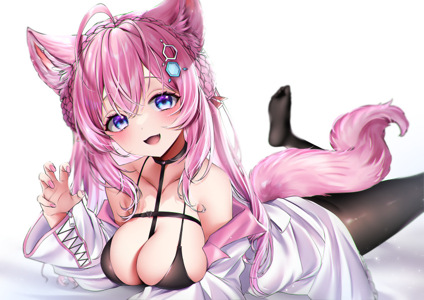 1girl absurdres animal_ears bangs breasts buta_tamako cleavage collarbone hakui_koyori hexagon_hair_ornament highres hololive large_breasts looking_at_viewer open_mouth pink_hair smile solo tail virtual_youtuber wolf_ears wolf_girl wolf_tail