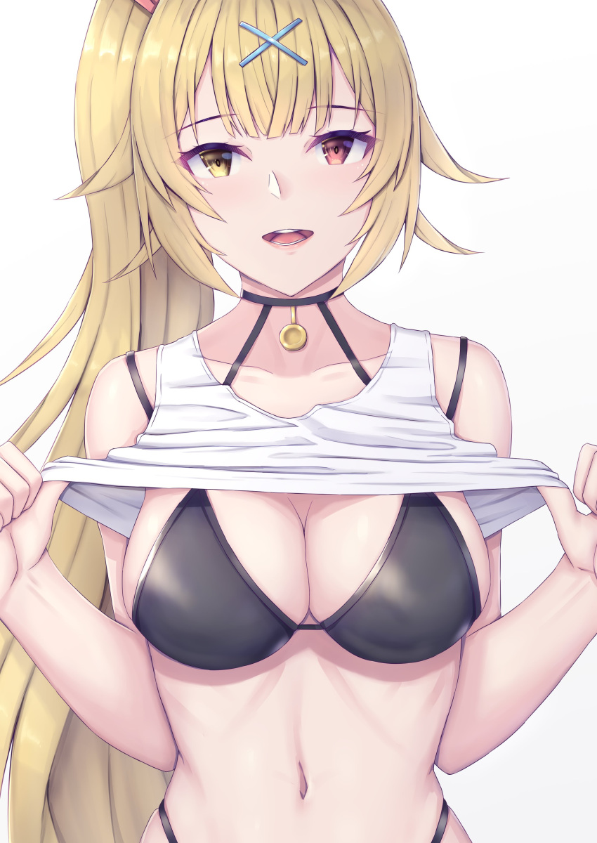 1girl absurdres bikini black_bikini black_choker blonde_hair blunt_bangs breasts choker cleavage clothes_lift collarbone commentary_request hair_ornament heterochromia highres hoshikawa_sara large_breasts lifted_by_self long_hair looking_at_viewer navel nijisanji ohguro_mariya open_mouth orange_eyes red_eyes shirt shirt_lift side_ponytail simple_background smile solo swimsuit tank_top underwear upper_body very_long_hair virtual_youtuber white_background white_shirt x_hair_ornament