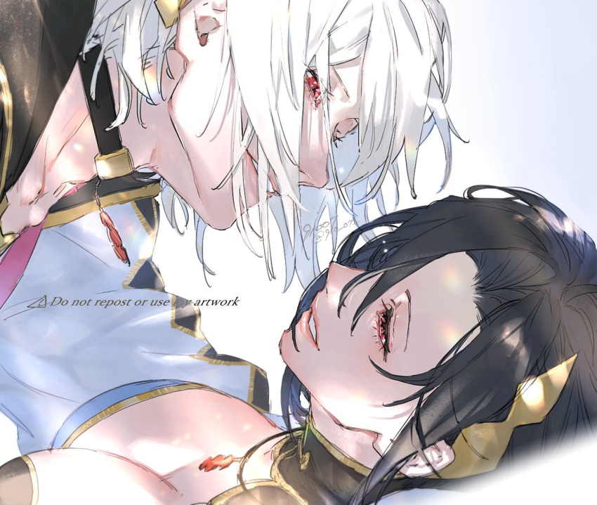 1boy 1girl 91007 black_hair breasts choker cleavage cleavage_cutout clothing_cutout fire_emblem fire_emblem_engage hair_between_eyes hair_ornament jewelry looking_at_another necklace nel_(fire_emblem) open_mouth rafal_(fire_emblem) red_eyes short_hair smile white_background white_hair