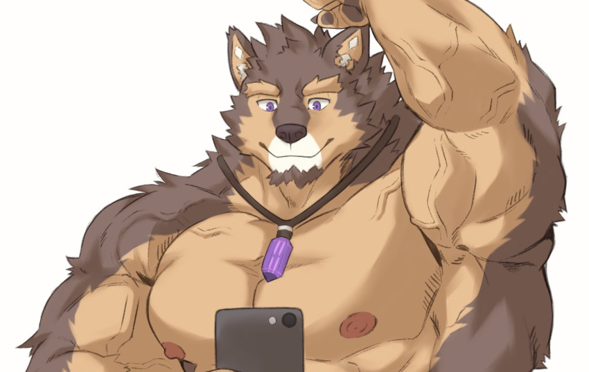 anthro biceps brown_body brown_fur canid canine canis cellphone crystal domestic_dog fur jewelry lifewonders live_a_hero male mammal muscular muscular_anthro muscular_male necklace nipples pecs phone pubraseer purple_eyes selfie smartphone solo vein veiny_muscles zenon0917