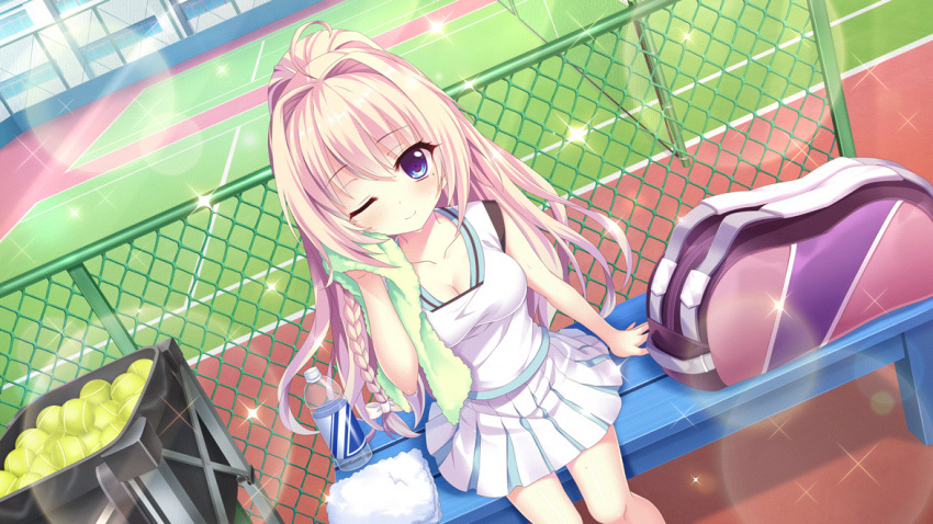 1girl ahoge bag ball blonde_hair blue_eyes bottle braid breasts building chain-link_fence cleavage closed_mouth collarbone day dot_nose dutch_angle fence film_grain from_above game_cg green_towel holding holding_towel izumi_tsubasu lens_flare long_braid long_hair looking_at_viewer medium_breasts mole mole_under_eye non-web_source official_art on_bench one_eye_closed outdoors re:stage! shiratori_amaha_(re:stage!) single_braid sitting sitting_on_bench skirt smile solo sparkle sportswear sunlight sweat tennis_ball tennis_court tennis_net tennis_uniform towel water_bottle white_skirt white_towel wiping_sweat