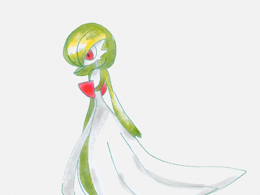 1girl ame_(pixiv_94535533) arms_at_sides bob_cut colored_skin commentary flat_chest from_side gardevoir green_hair green_skin grey_background hair_over_one_eye highres multicolored_skin one_eye_covered pokemon pokemon_(creature) red_eyes short_hair simple_background solo standing two-tone_skin white_skin