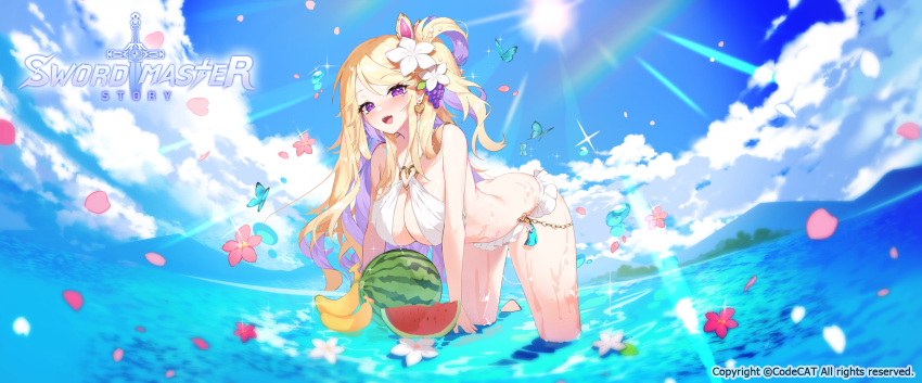 1girl apple_caramel banana beach bent_over bikini blonde_hair blue_sky blush breasts bug butterfly chain cleavage colored_inner_hair commentary_request criss-cross_halter day falling_petals flower food food-themed_hair_ornament frilled_bikini frills fruit grape_hair_ornament hair_flower hair_ornament halterneck highres large_breasts lens_flare looking_at_viewer mountainous_horizon multicolored_hair ocean official_art open_mouth original outdoors petals purple_eyes purple_hair sky smile solo sun swimsuit teeth two-tone_hair upper_teeth_only watermelon watermelon_slice white_bikini