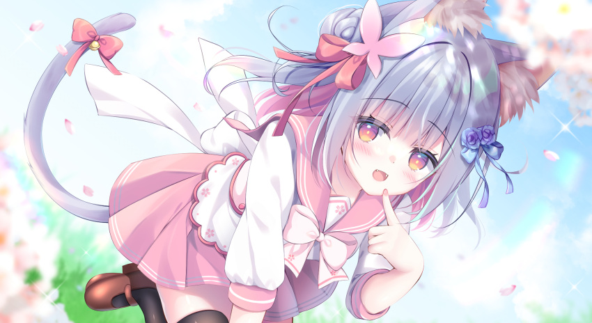 1girl :d animal_ear_fluff animal_ears black_thighhighs cat_ears cat_girl cat_tail fangs grey_hair highres indie_virtual_youtuber katagiri_aki medium_hair miniskirt pink_eyes pink_hair pink_sailor_collar pleated_skirt sailor_collar school_uniform serafuku shirt skirt sleeves_past_elbows smile tail thighhighs virtual_youtuber white_shirt yukimura_usagi