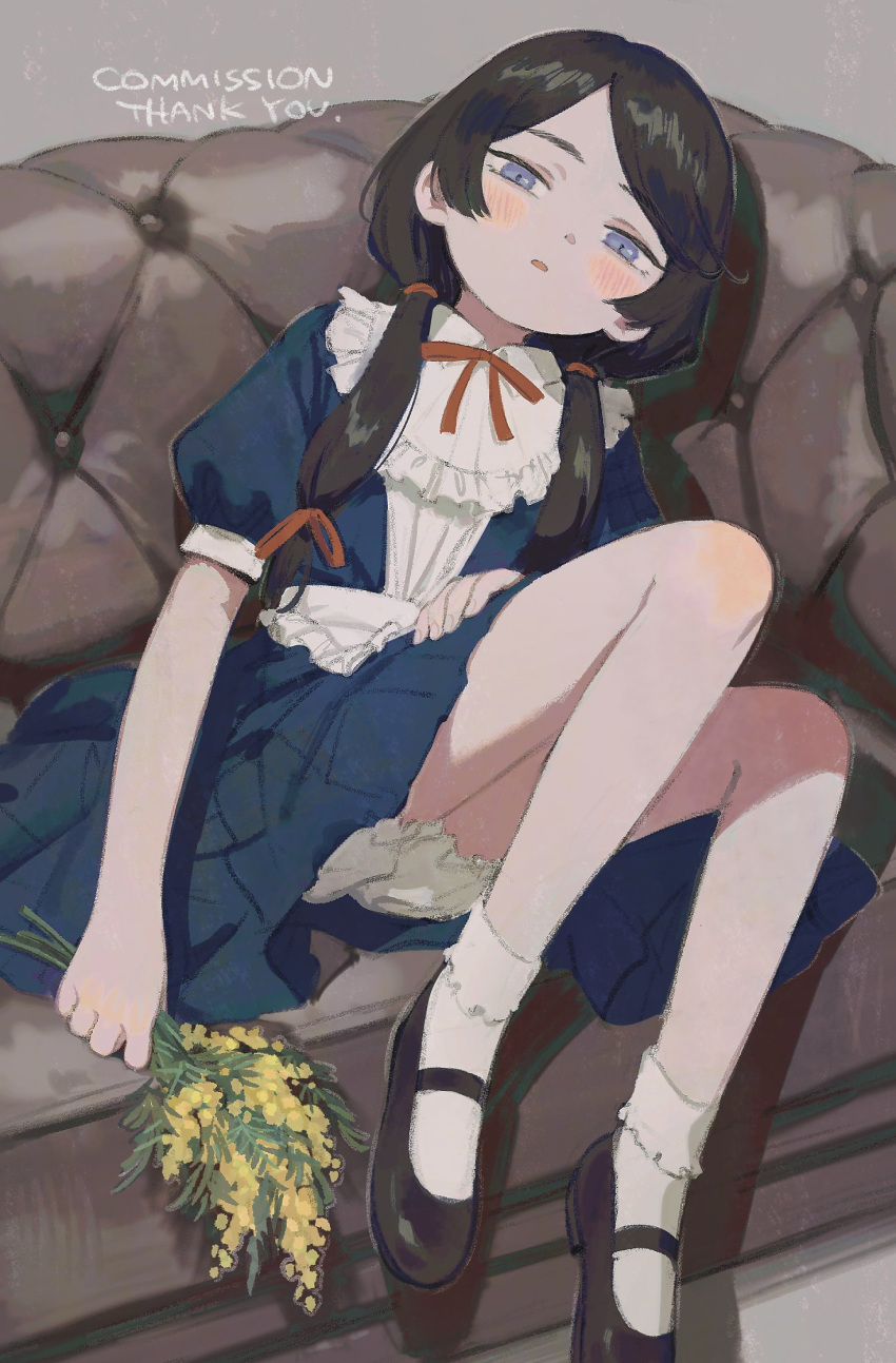 1girl black_footwear black_hair blue_dress blue_eyes bolero_(bo_le_ro66) bow bowtie commission couch dress english_text frilled_socks frills highres holding holding_plant light_blush long_hair looking_at_viewer mary_janes on_couch original panties parted_lips plant puffy_short_sleeves puffy_sleeves reclining red_bow red_bowtie shadow shoes short_sleeves short_twintails skeb_commission socks solo thank_you twintails underwear white_panties white_socks