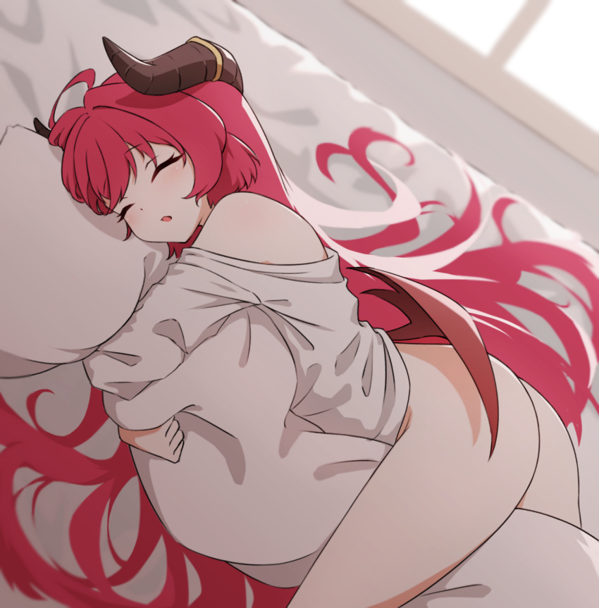 1girl alternate_costume ass bare_shoulders blue_archive closed_eyes dakimakura_(object) demon_horns demon_wings highres horns hr.r hugging_object junko_(blue_archive) long_hair lying naked_shirt on_bed on_side open_mouth pillow pillow_hug red_hair shirt sleeping solo thighs very_long_hair white_shirt window wings