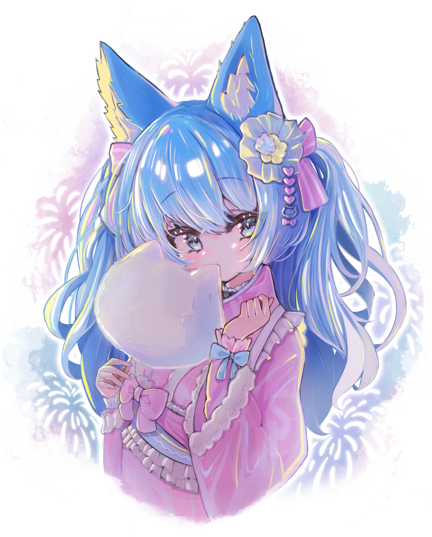 1girl absurdres aerial_fireworks animal_ear_fluff animal_ears blue_bow blue_eyes blue_hair blush bow breasts cat_ears cat_hair_ornament commentary_request cotton_candy eating fireworks frilled_kimono frills hair_between_eyes hair_bow hair_ornament heart heart_hair_ornament highres japanese_clothes kimono long_hair long_sleeves looking_at_viewer medium_bangs nanashi_inc. open_mouth pink_bow pink_kimono sanada_shinka sleeve_bow small_breasts solo souya_ichika two_side_up upper_body virtual_youtuber white_background yukata