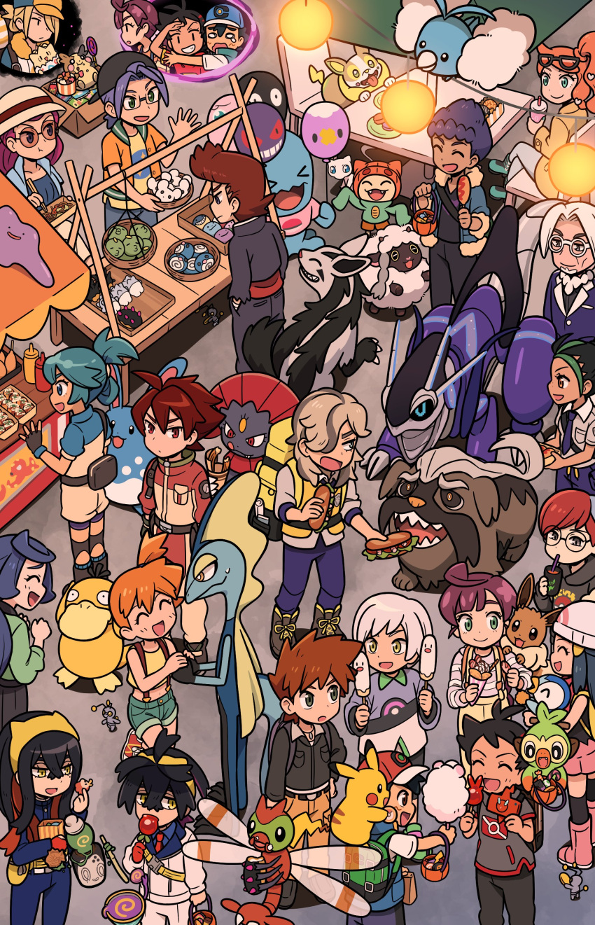 &gt;_&lt; 6+boys 6+girls :3 :t ^_^ absurdres arven_(pokemon) ash_ketchum azumarill backpack backwards_hat bag balloon baseball_cap basket black_hair blonde_hair blue_hair brown_hair candy candy_apple carmine_(pokemon) chloe_(pokemon) chrysa_(pokemon) clavell_(pokemon) closed_eyes clothed_pokemon coin commentary cookie cotton_candy crepe crossed_legs cup danika_(pokemon) dawn_(pokemon) ditto drinking drinking_straw eating eevee fanny_pack fidough food food_on_face food_stand gary_oak gimmighoul glasses gloves goh_(pokemon) green_eyes grey_eyes grookey hair_over_one_eye hands_in_pockets hat highres hodge_(pokemon) holding holding_balloon holding_basket holding_coin holding_cup holding_food hop_(pokemon) horace_(pokemon) inteleon jacket james_(pokemon) jessie_(pokemon) kieran_(pokemon) lantern lollipop long_hair low_ponytail mabosstiff macaron meowth mew_(pokemon) mightyena miraidon misty_(pokemon) morpeko morpeko_(full) multicolored_hair multiple_boys multiple_girls nemona_(pokemon) on_chair on_shoulder open_clothes open_jacket open_mouth orange_hair penny_(pokemon) pikachu pink_hair piplup poke_ball_print pokemon pokemon_(anime) pokemon_(creature) pokemon_(game) pokemon_journeys pokemon_legends:_arceus pokemon_on_shoulder pokemon_sv poltchageist pompadour psyduck quillon_(pokemon) rotom rotom_phone sandwich school_uniform short_hair shuan_0420 side_ponytail single_glove smile sonia_(pokemon) sunglasses swablu sweatdrop swirl_lollipop takoyaki thighhighs togepi two-tone_hair uva_academy_school_uniform very_long_sleeves volo_(pokemon) weavile white_hair wobbuffet wooloo wrapped_candy yakisoba yanma yellow_eyes