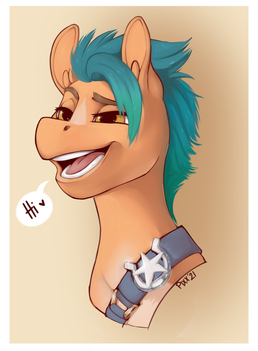 &lt;3 2021 absurd_res badge bust_portrait dialogue digital_media_(artwork) earth_pony equid equine eyebrows feral fur green_hair green_mane hair half-closed_eyes hasbro hi_res hitch_trailblazer_(mlp) horse inner_ear_fluff male mammal mane mlp_g5 my_little_pony narrowed_eyes open_mouth open_smile pixxpal pony portrait raised_eyebrow signature smile smug solo teeth tongue tuft yellow_body yellow_fur