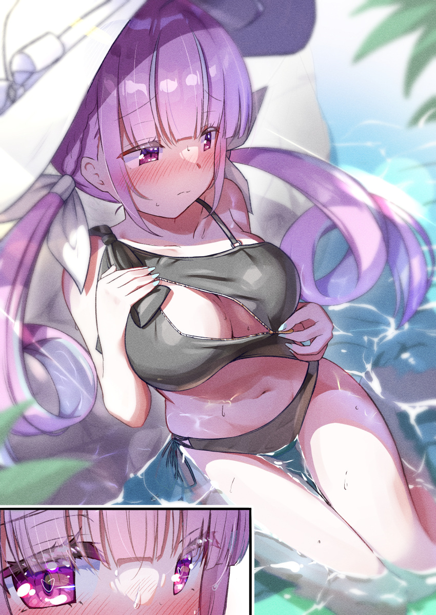 1girl absurdres blue_hair blue_nails blush bow braid breasts breasts_out colored_inner_hair heart heart-shaped_pupils highres hololive kuraudo large_breasts looking_at_viewer minato_aqua multicolored_hair navel one-piece_swimsuit purple_eyes purple_hair ribbon solo streaked_hair swimsuit symbol-shaped_pupils two-tone_hair unzipping virtual_youtuber water white_headwear white_ribbon zipper zipper_bikini
