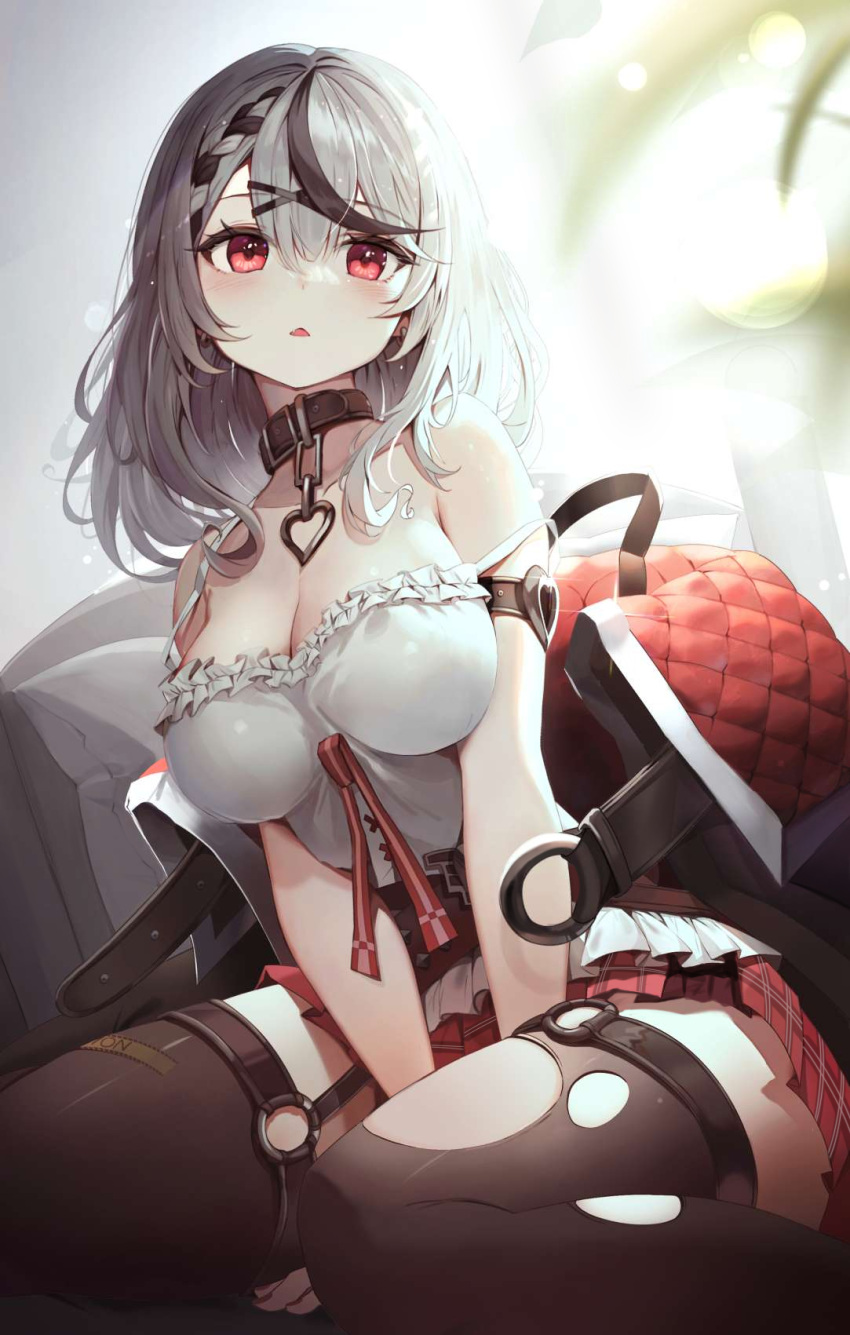 1girl arm_strap bangs bare_shoulders between_legs black_collar black_hair black_thighhighs blush braid breasts camisole caution_tape cleavage collar collarbone commentary ear_piercing frilled_camisole frills glint grey_hair hair_ornament hand_between_legs heart_pendant highres hololive jacket jacket_removed kinsuke_z large_breasts looking_at_viewer medium_hair miniskirt multicolored_hair o-ring off-shoulder_jacket off_shoulder open_mouth piercing plaid plaid_skirt red_eyes red_skirt sakamata_chloe sitting skirt solo strap_slip streaked_hair symbol-only_commentary thighhighs torn_clothes torn_thighhighs v_arms virtual_youtuber wariza white_camisole x_hair_ornament