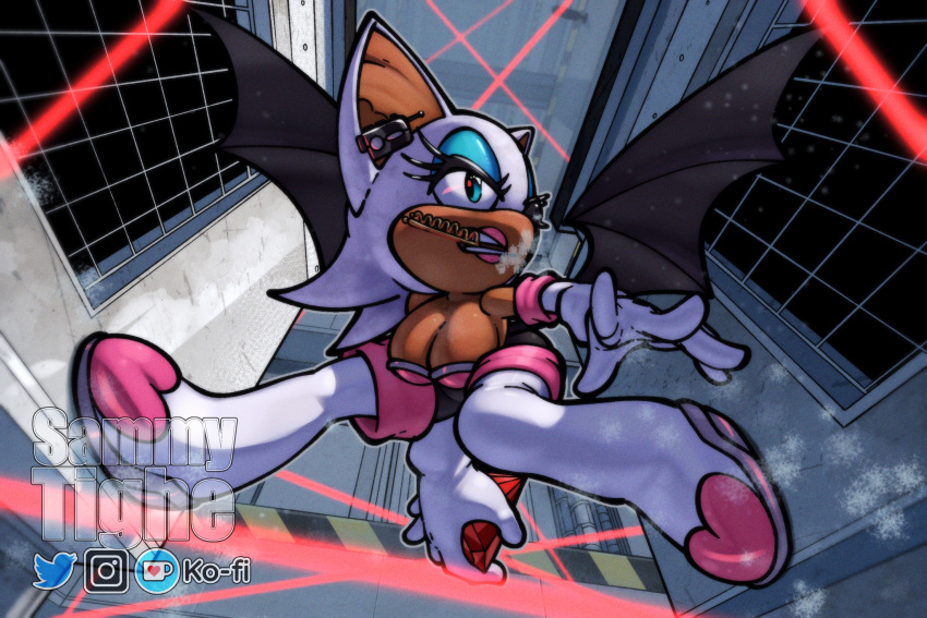 anthro bat bodysuit boots breasts chaos_emerald cleavage clothed clothing dark_body dark_skin earpiece eyeshadow female footwear fur gem gloves green_eyes handwear hi_res makeup mammal rouge_the_bat sega skinsuit solo sonic_the_hedgehog_(series) tighesammy tight_clothing tools watermark white_body white_fur wings