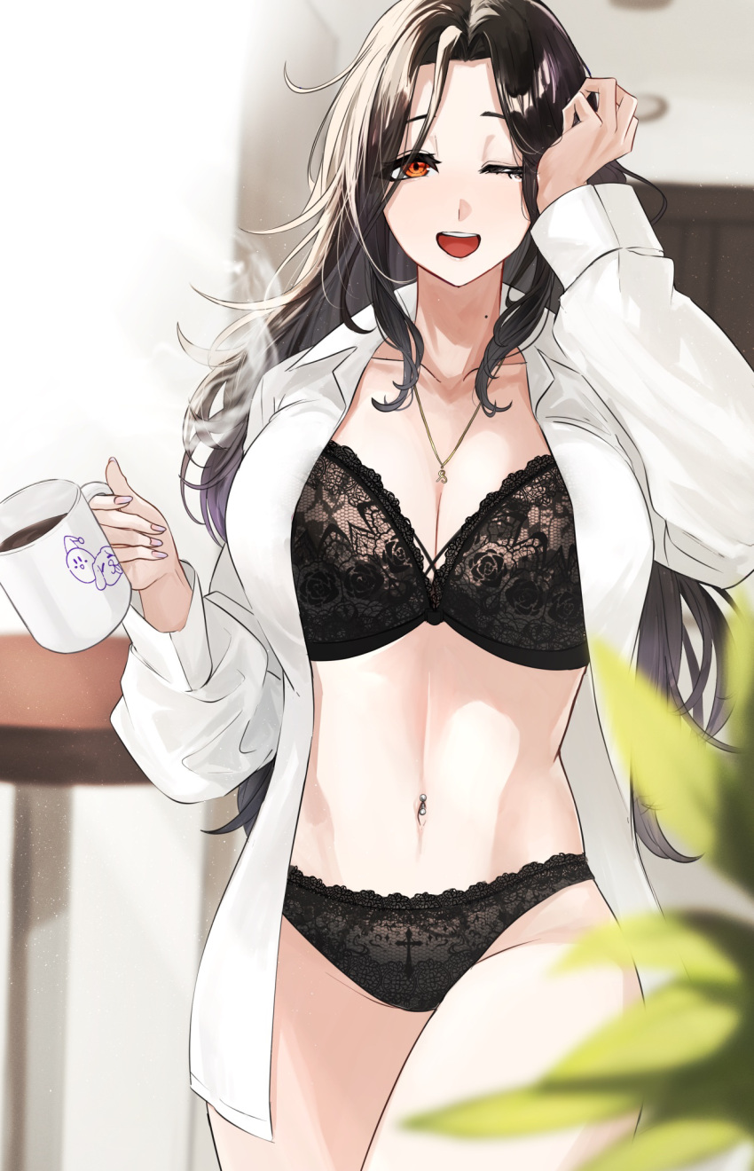 1girl bra breasts brown_hair cleavage collared_shirt dress_shirt gradient_hair grey_hair highres large_breasts long_hair long_sleeves looking_at_viewer mole mole_on_neck multicolored_hair navel nekotokage nijisanji open_clothes open_mouth open_shirt orange_eyes panties shirayuki_tomoe shirt smile solo unbuttoned unbuttoned_shirt underwear virtual_youtuber waking_up white_shirt