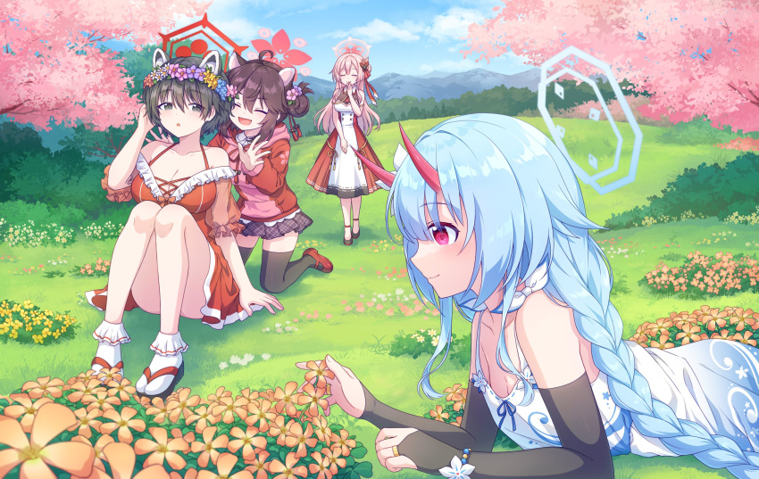 4girls animal_ears black_eyes black_footwear black_hair black_skirt black_thighhighs blue_archive blue_hair blue_halo braid breasts bridal_gauntlets brown_hair cherry_blossoms chise_(blue_archive) cleavage closed_eyes closed_mouth collarbone day dress flower flower_wreath frilled_sleeves frills grass halo head_wreath highres hood hood_down hoodie horns kaede_(blue_archive) kaoling korean_commentary large_breasts long_hair long_sleeves mimori_(blue_archive) mountain multiple_girls oni_horns open_mouth orange_flower outdoors parted_lips pink_hair pink_halo pleated_skirt red_dress red_eyes red_footwear red_halo red_hoodie red_horns see-through see-through_sleeves shoes short_hair short_sleeves skirt sleeveless sleeveless_dress small_breasts smile socks thighhighs tsubaki_(blue_archive) twin_braids white_dress white_socks yellow_flower