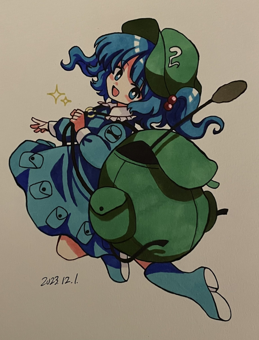 1girl backpack bag blue_eyes blue_footwear blue_hair blue_shirt blue_skirt boots dated flat_cap from_behind furiba_794 green_bag green_headwear hat highres kawashiro_nitori long_sleeves looking_at_viewer one-hour_drawing_challenge shirt skirt skirt_set solo touhou traditional_media