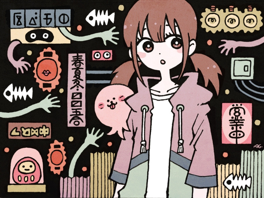 1girl blush bright_pupils brown_eyes brown_hair daruma_doll drawstring fence fish_skeleton garouma hood hood_down light_bulb octopus original parted_lips solo twintails white_pupils