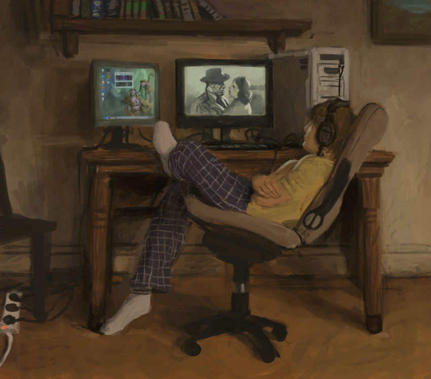 1boy book bookshelf brown_hair chair child commentary computer crossed_arms electric_plug english_commentary faceless faceless_male full_body headphones highres leaning_back male_focus monitor office_chair olliemnjones on_chair original painting_(medium) pajamas picture_(object) power_strip shirt socks solo striped striped_pajamas swivel_chair table traditional_media watching_television white_socks yellow_shirt