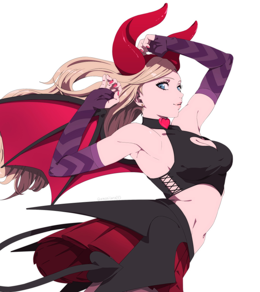 1girl absurdres armpits blonde_hair blue_eyes breasts cleavage commentary_request demon_horns demon_tail demon_wings earrings elbow_gloves fake_horns fake_tail fake_wings fingerless_gloves gloves highres horns jewelry long_hair looking_at_viewer medium_breasts nail_polish navel persona persona_5 persona_5:_dancing_star_night persona_5_the_royal pleated_skirt red_horns red_nails red_skirt simple_background skirt smile solo tail takamaki_anne umenituru white_background wings