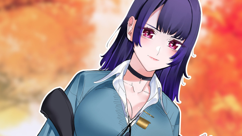 1girl akino_sayuri black_choker black_hair blue_hair blue_sweater blurry blurry_background breasts choker cleavage_cutout clothing_cutout collarbone collared_shirt dark_blue_hair dosanko_gyaru_wa_namaramenkoi gradient_hair hair_behind_ear highres ikada_kai large_breasts long_hair looking_at_viewer multicolored_hair portrait purple_eyes shirt smile solo sweater white_shirt