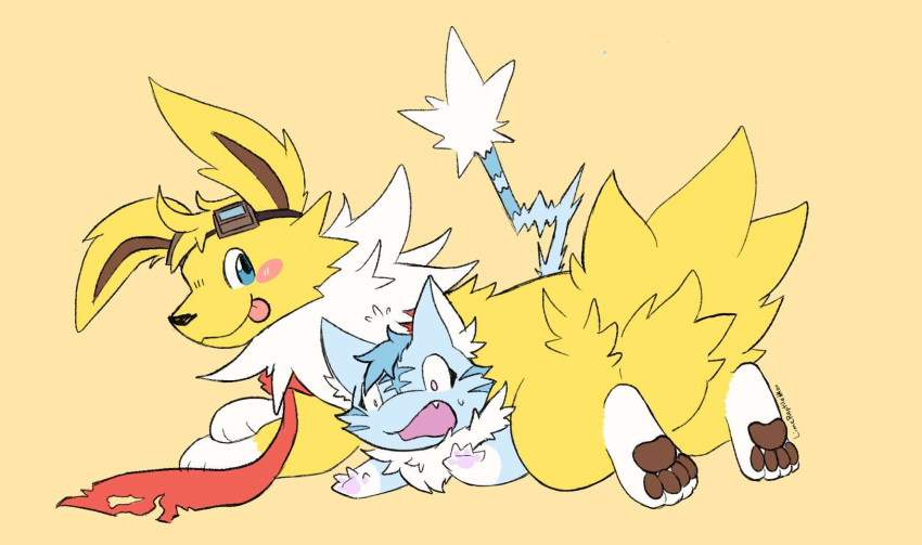 2020 3_fingers 4_fingers 4_toes black_nose blue_body blue_eyes blue_fur cute_fangs duo eeveelution eyewear eyewear_on_head feet female feral fingers fluffy fluffy_tail fur generation_1_pokemon goggles goggles_on_head hi_res inner_ear_fluff jolteon kalee_(mew) legendary_pokemon limereptile male mew_(pokemon) neck_tuft nintendo open_mouth pawpads paws pink_eyes pink_pawpads pokemon pokemon_(species) scarf shrike_alvaron simple_background tail toes tongue tongue_out tuft white_body white_fur yellow_background yellow_body yellow_fur
