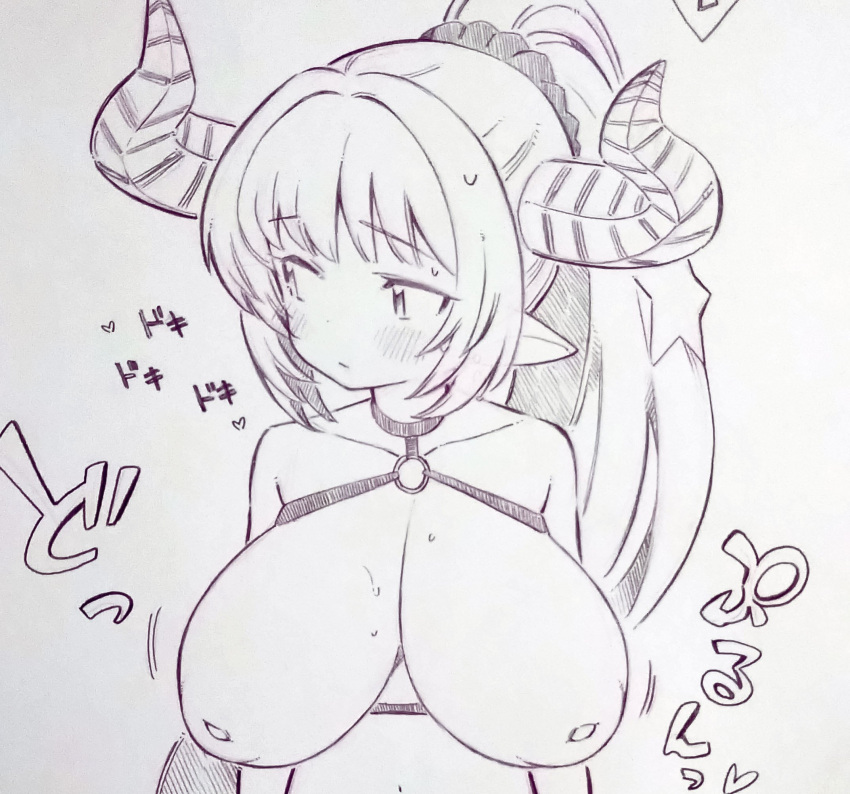 1girl aliza_(granblue_fantasy) blush bouncing_breasts breasts closed_mouth commentary_request draph granblue_fantasy highres horns inverted_nipples large_breasts long_hair looking_to_the_side monochrome pointy_ears ponytail solo traditional_media tsukareta_san upper_body