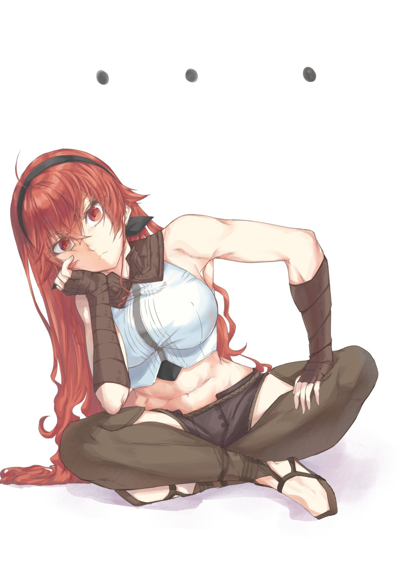 ... 1girl aged_up ahoge bandaged_arm bandages bare_shoulders black_hairband breasts brown_shorts brown_thighhighs closed_mouth commentary_request crop_top crossed_bangs eris_greyrat flats frown full_body groin hair_between_eyes hairband hand_on_own_cheek hand_on_own_face head_rest head_tilt highres indian_style large_breasts long_hair looking_at_viewer marubou_(saiko_isshin) midriff mushoku_tensei navel no_jacket red_eyes red_hair shadow shirt short_shorts shorts sidelocks simple_background sitting sleeveless sleeveless_shirt solo thick_eyebrows thighhighs very_long_hair white_background white_shirt