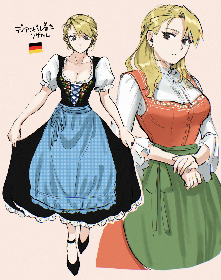 1girl absurdres apron blonde_hair braid breasts cleavage curtsey ear_piercing frills fullmetal_alchemist german_clothes german_flag highres large_breasts ozaki_(tsukiko3) piercing riza_hawkeye