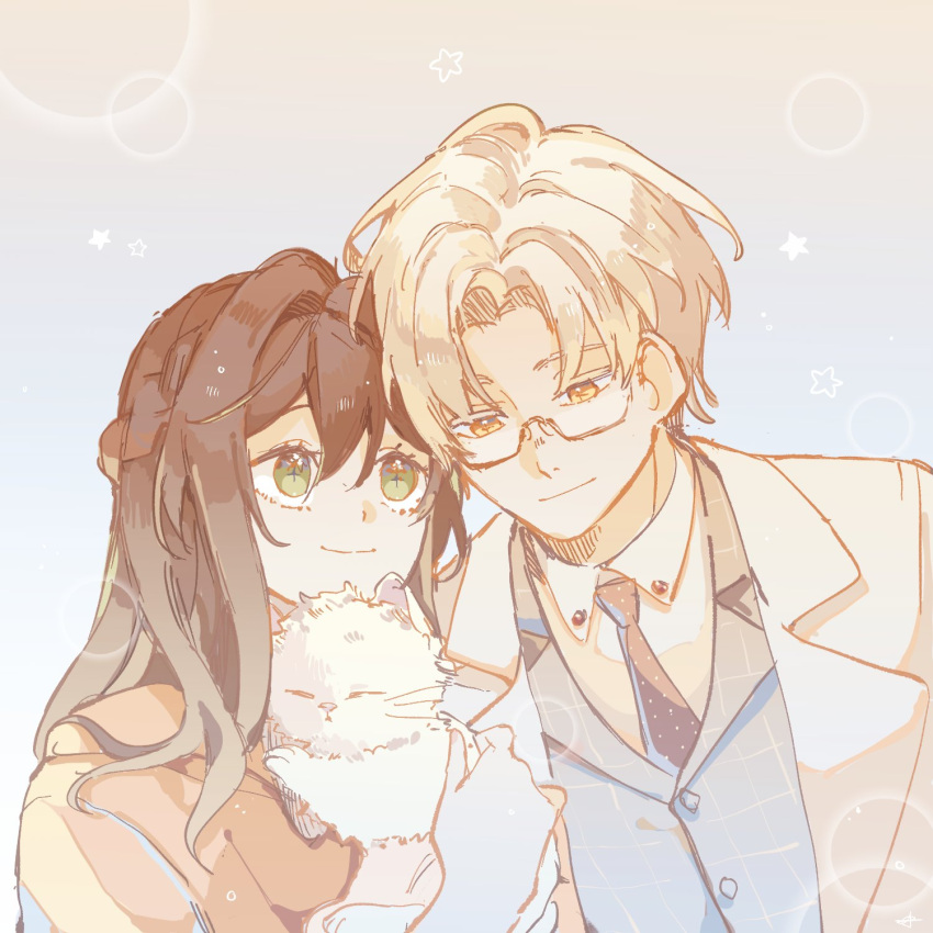 1boy 1girl black_necktie brown_hair cat closed_mouth coat collared_shirt glasses green_eyes grey_vest hand_up highres hood hoodie long_hair long_sleeves lys_vyn necktie orange_hoodie rosa_(tears_of_themis) shirt short_hair smile tears_of_themis vest vyn_richter_(tears_of_themis) white_coat white_hair white_shirt yellow_eyes